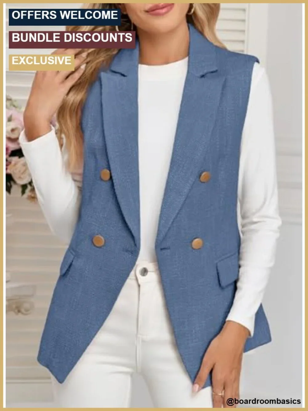Sleeveless Tweed Blazer Vest Double Breasted Work Suit with Pockets